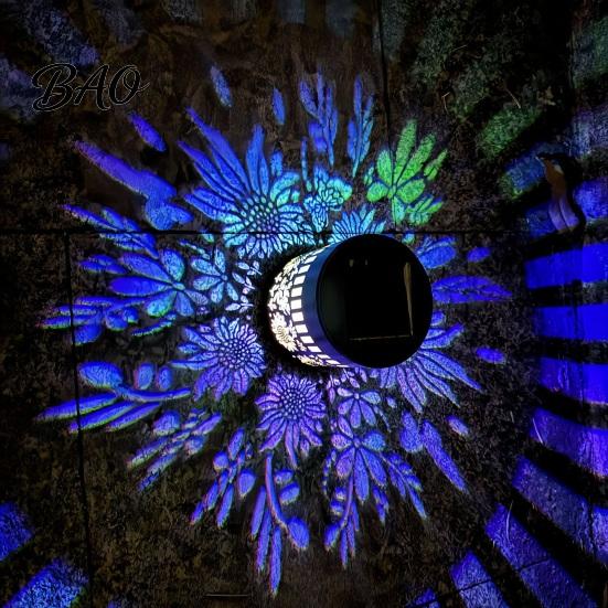 Decorative Solar Fence Lights Wall Light, 7 Color Changing Outdoor Projection Light With Projected Patterns Lamp, Waterproof Garden Lamp for