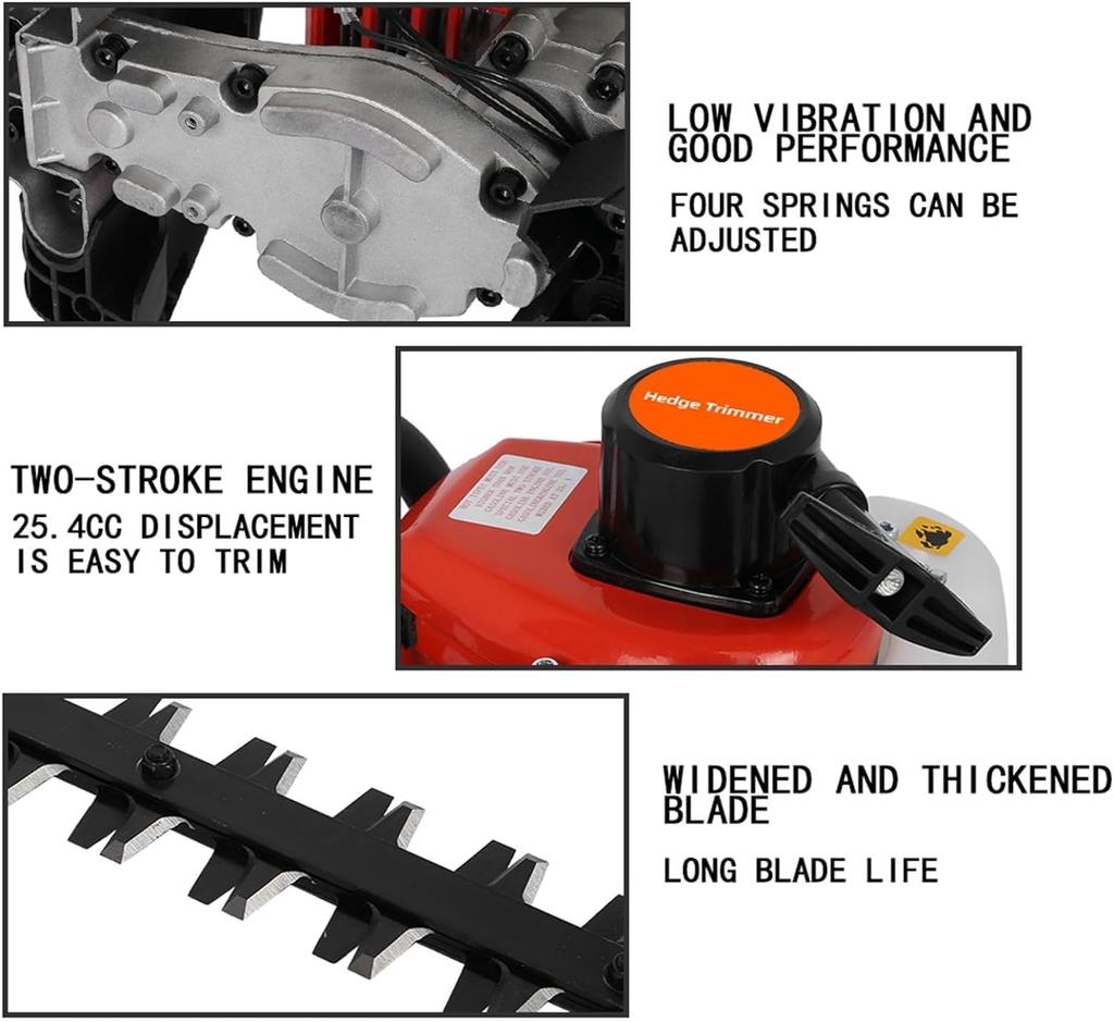 Gas Hedge Trimmer with Double Side Blade,  2 Cycle Gas Powered Hedge Trimmer, 2 Stroke Fuel-efficient Low Voice Gas Bush Cutter
