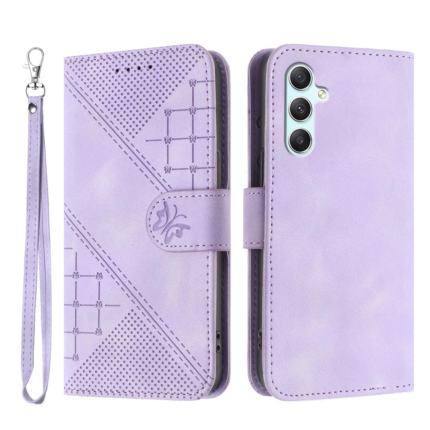 

For Samsung Galaxy A34 5G Leather Wallet Case Butterfly Flower Imprinted Phone Cover with Strap Purple