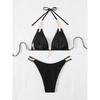 Swimsuit Women Neck-mounted Beachwear Metal Decor Split Swimsuit Solid Sexy Thongs Summer Holiday Female Bikini Set