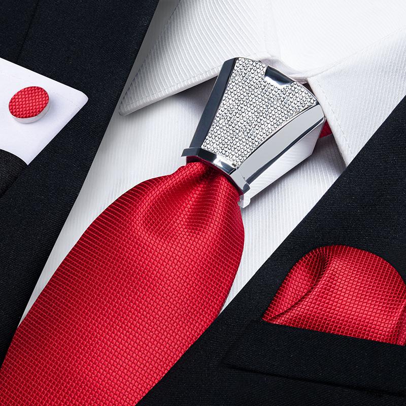 Dibangu Mens Ties Silk Red Soild Tie Wedding Buckle Hoop Men's Necktie Set Pocket Square Gift for Men