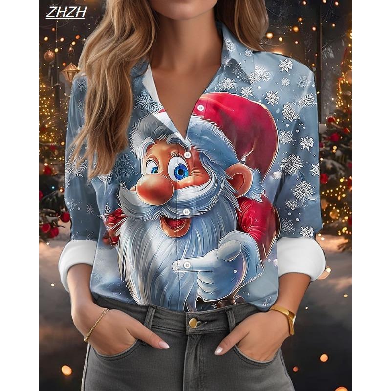 Christmas Women's Shirt Graphic Santa Claus Elegant Vintage Tropical Long Sleeve Shirt Collar Regular Top Work Daily Fall Winter