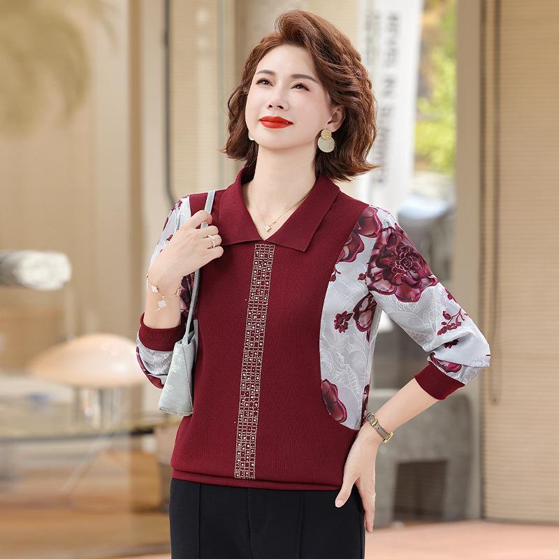 

Women s Spring Casual Pullover T-Shirt - Soft Texture, Everyday Commuting Style, Fake Two-Piece Design, Ideal for Moms 5XL (145-155 jin) вина червоного кольору