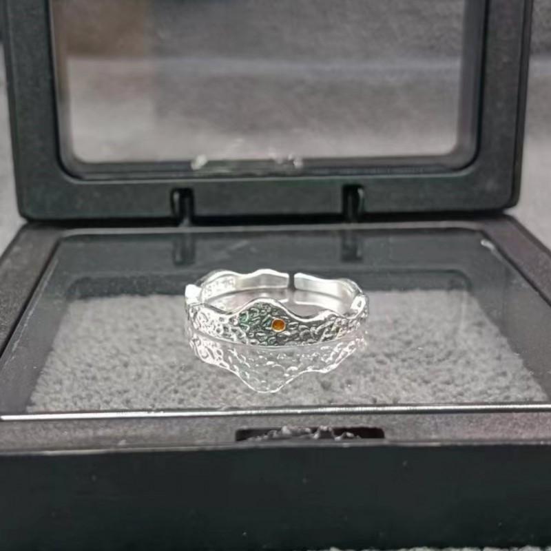 Handcrafted Hammered Texture Mountain River Couple Ring Sterling Adjustable Unisex Band