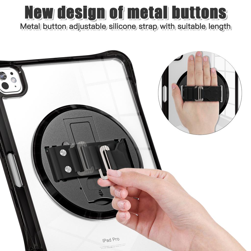 For iPad Pro 11 (2024) Case Hand Strap Kickstand PC+TPU+Acrylic Clear Tablet Cover