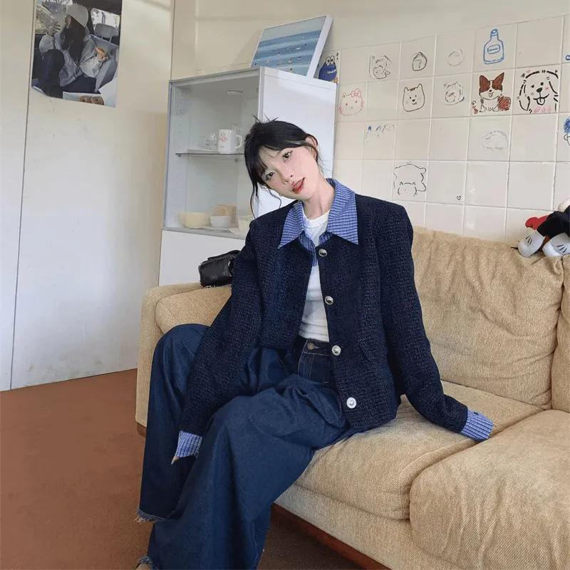 

Осенняя куртка в корейском стиле, имитация двух частей, с лацканами, короткая, женская, свободного кроя, повседневное пальто XL