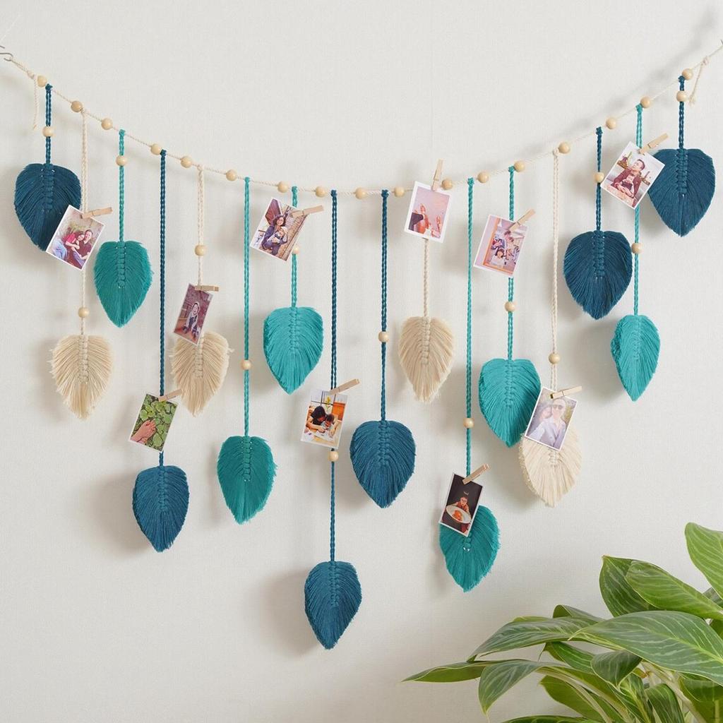 Bohemian Woven Tapestry Macrame Wall Hanging, with Photo Display Clips, Backdrop Art Decor Leaf