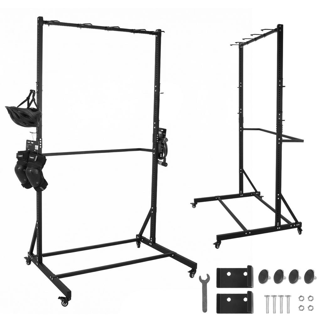 Floor Bike Storage Rack with Locking Casters & 6 Hooks Holds Up To 5 Bikes Height Adjustable for Garage Basement & Home