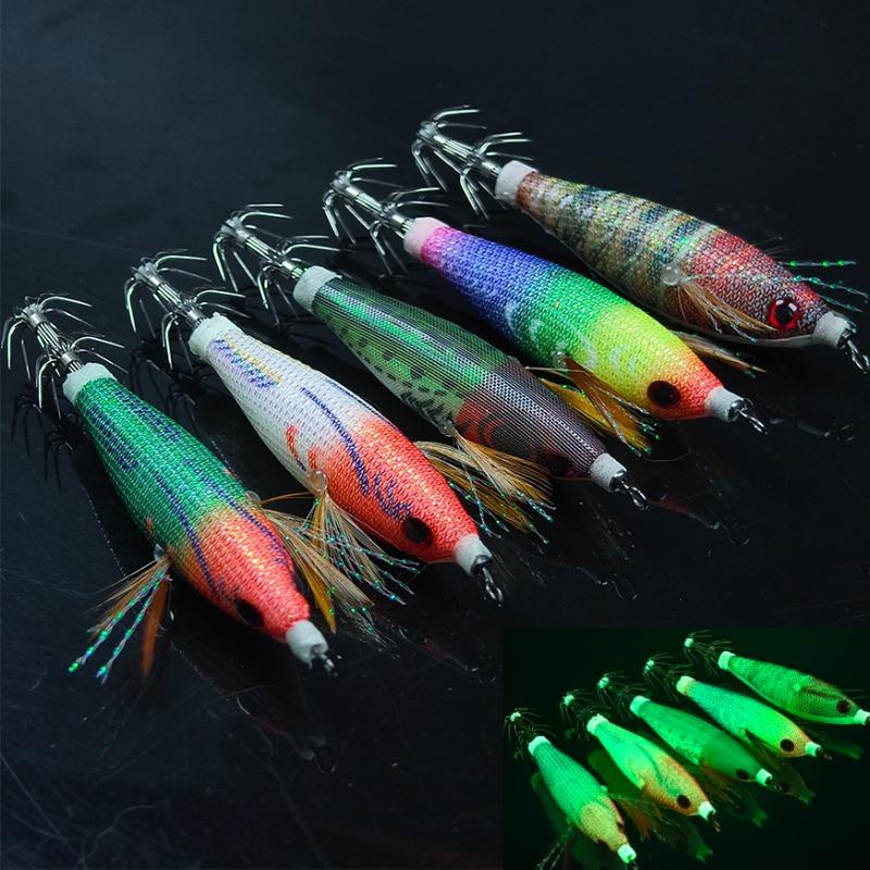 5PCS Multi-color Glow Squid Jig 5.8G/8CM Horizontal Egi Wood Shrimp Bait Artificial Lure for Squid Octopus Fishing Jukkumi