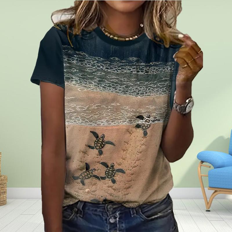Fashion Womensea Turtle Print T Shirt Funny Casual O-neck Short Sleeves T-shirt Summer Female Tee Shirt