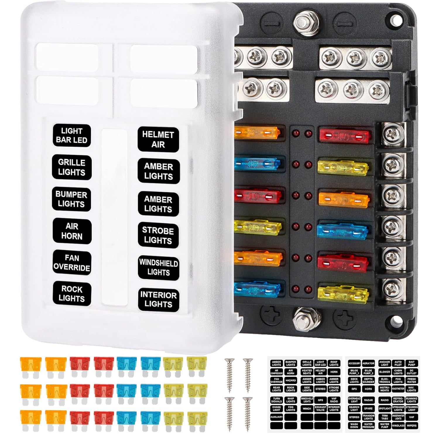 

12 Way 12V Fuse Block, Blade Fuse Block, 12 Circuit ATC/ATO Fuses Box Holder, with LED Indicator Cover for 12V/24V Automotive Truck Boat Marine RV
