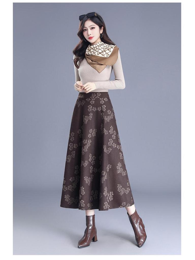 2025 Spring A-Line Skirt: Wool Front, Lace Back, Half-Elastic Waist, Long Skirt.