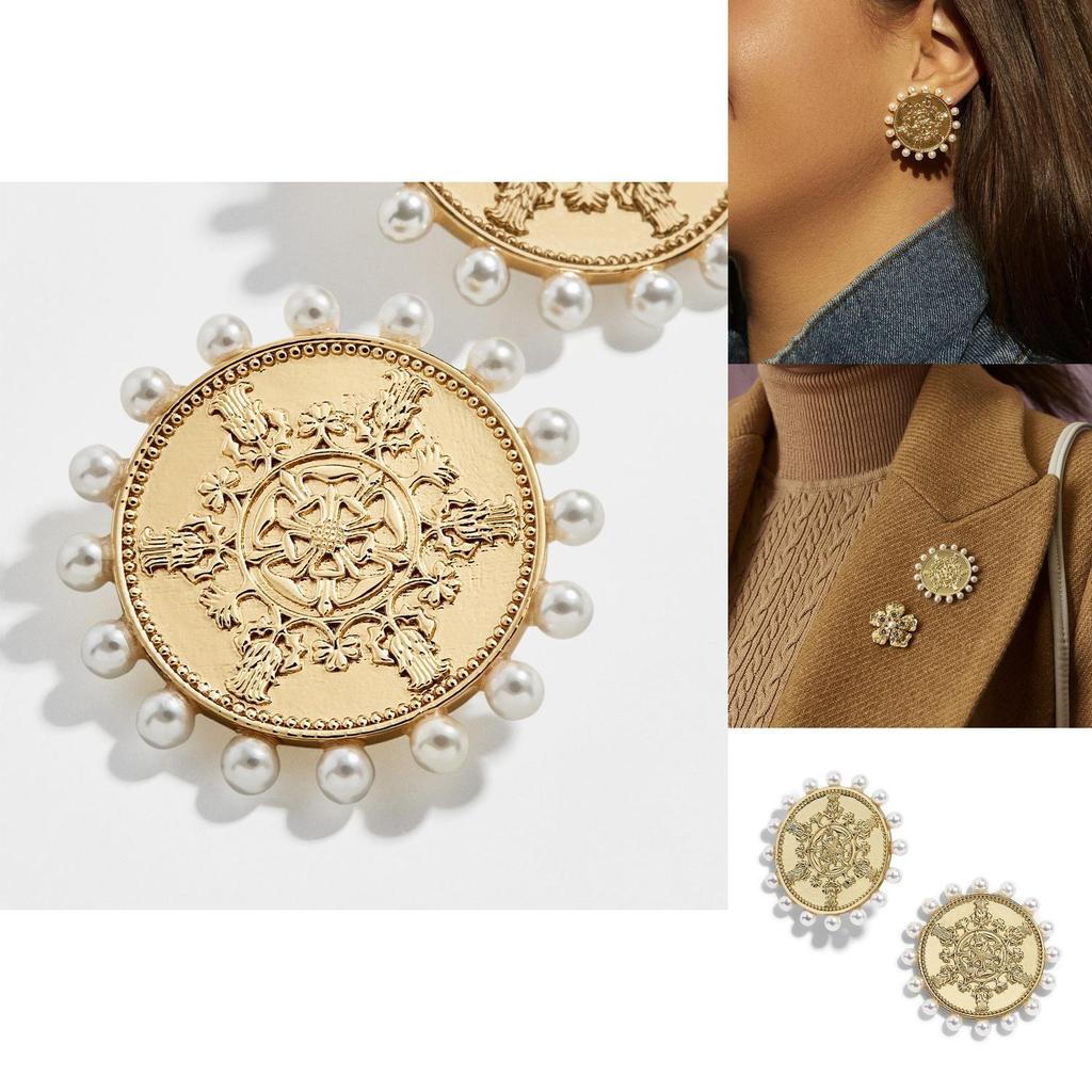 Elegant Round Pearl Stud Earrings For Women With Antique Metal Charm