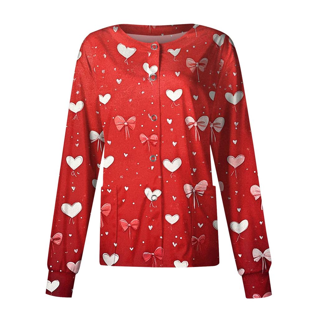 Women's Casual Fashion Long Sleeve Standing Collar Single Breasted Valentine's Day Print Workwear Jacket Tops