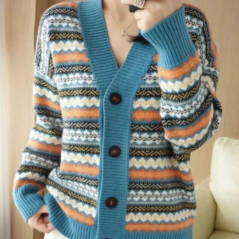 Sweaters Coat Cardigan for Women Winter Stripe Fleece Thickened Loose Long Sleeve Knit Sweaters Coat