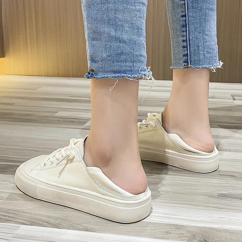 Fashion Genuine Leather White Women's Shoes Ugly Cute Square Head with Soft Bottom Ladies Design Square Toe Flat Casual Shoes2024
