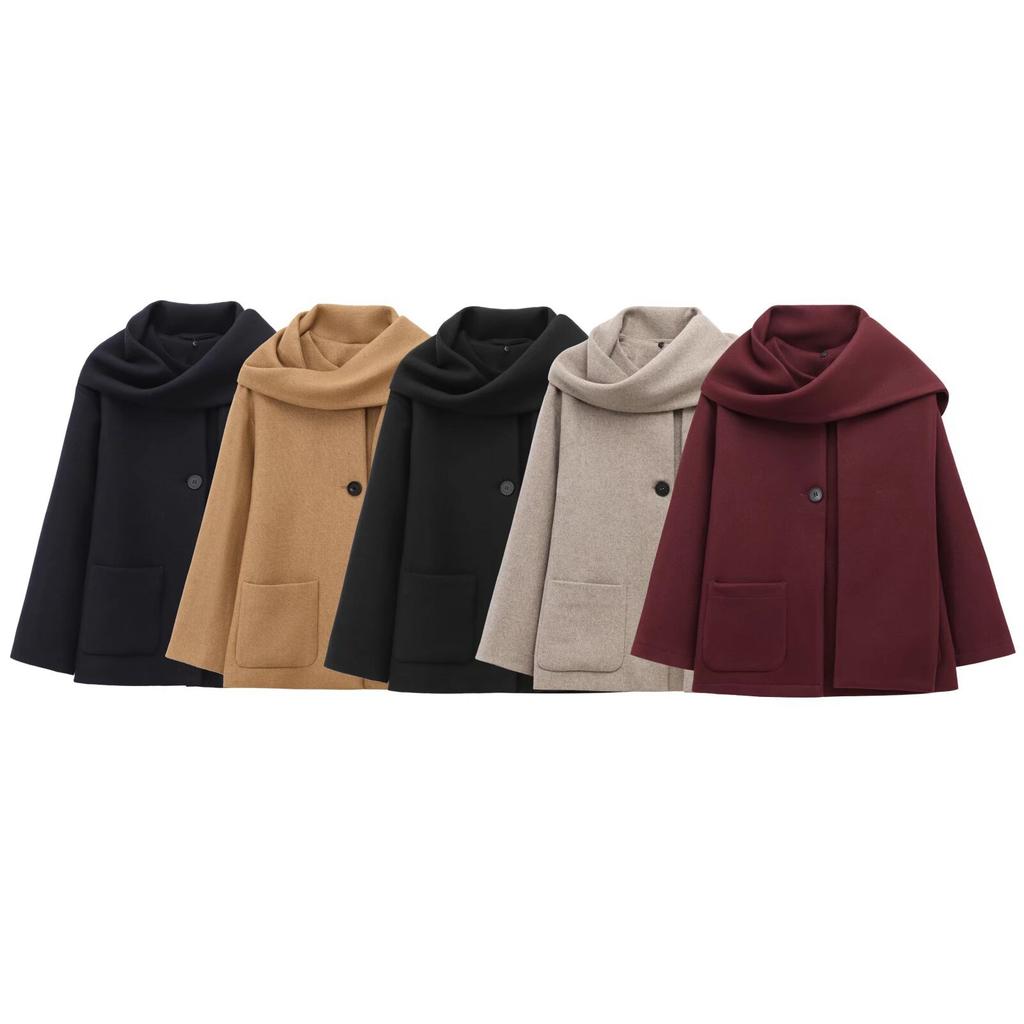 Autumn New Women's Clothing European and American Style French Design Sense Blended with Scarf Coat Coat