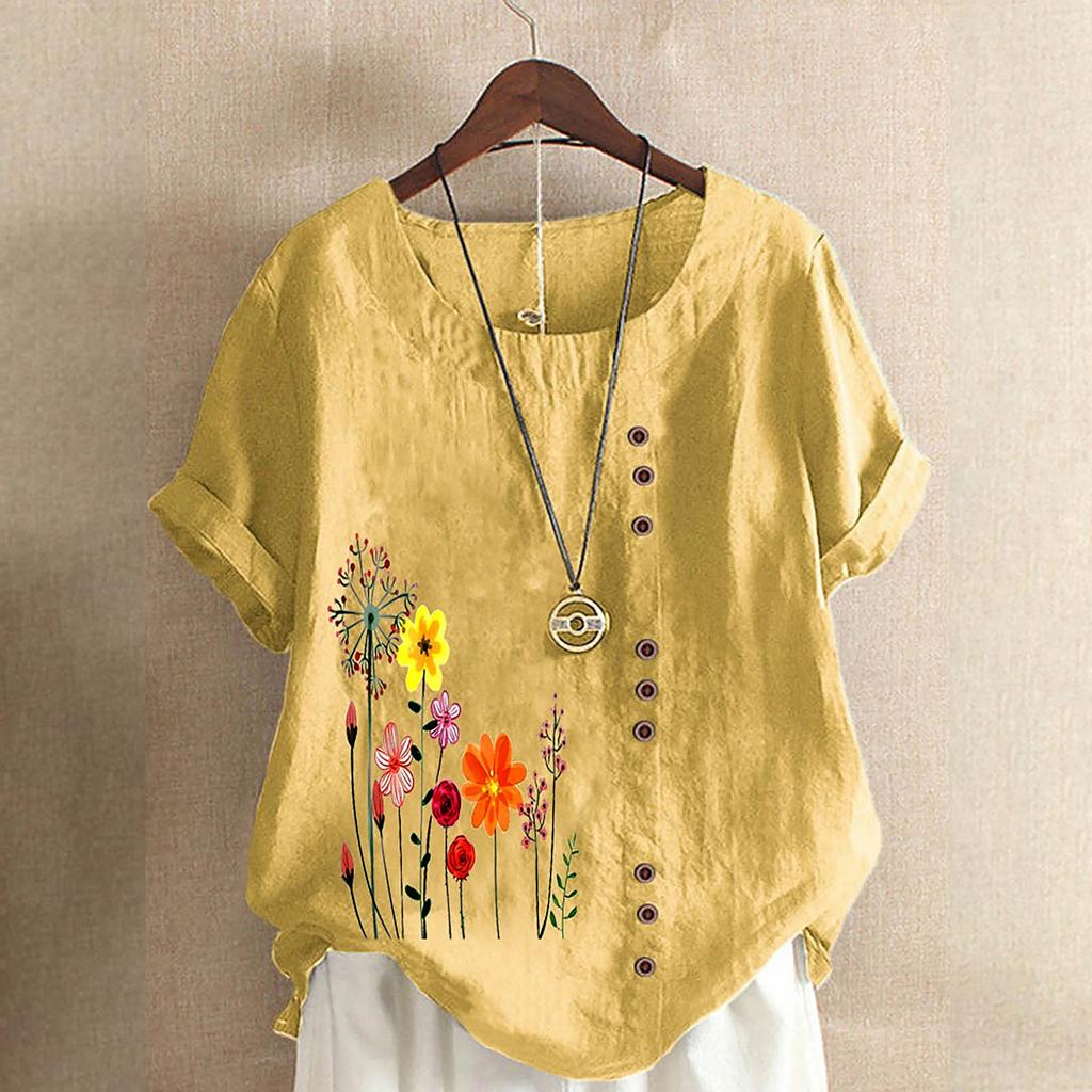 Women's Fashion Loose Cotton And Linen Short Sleeve Printed Temperament Crewneck Top