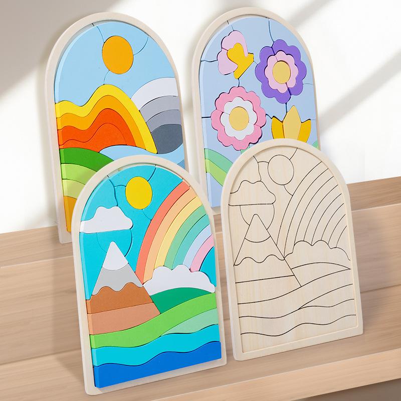 Educational Wooden Children's Cartoon Three-dimensional Rainbow Jigsaw Puzzle Training Concentration Early Education Building Blocks Color Cognition