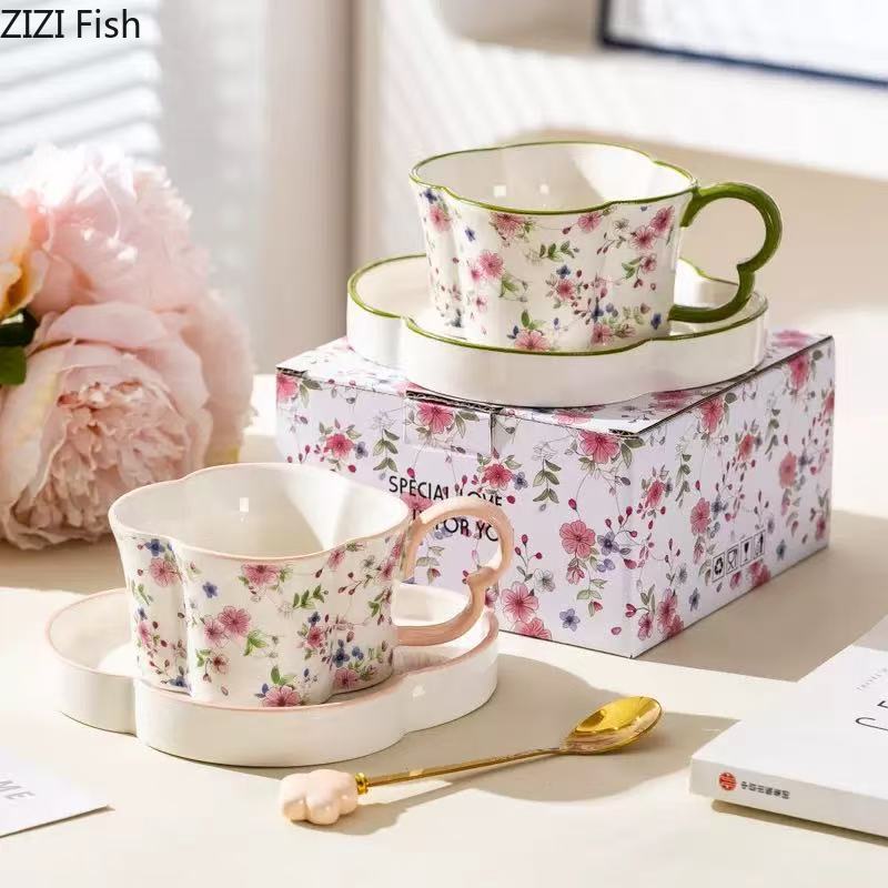 Plum Blossom Shaped Porcelain Cup&saucer Coffee Mug Tableware Dining Table Flower Mugs Afternoon Tea Teacup Fruits Juice Cup