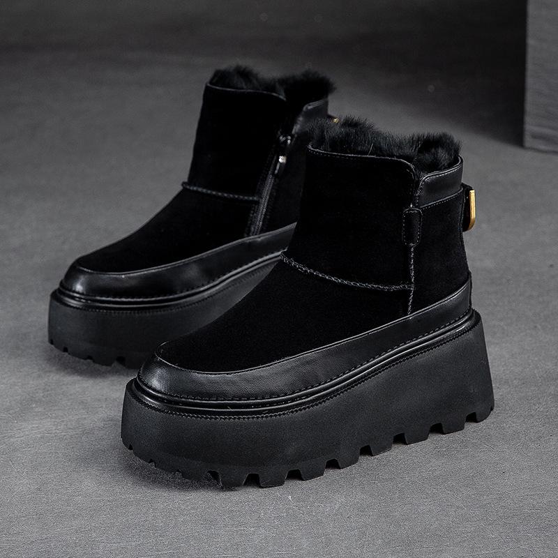 Fashion High Quality 6cm Cow Suede Genuine Leather Autumn Platform Wedge Warm Snow Ankle Boots Winter Women Plush Comfy Booties Shoes