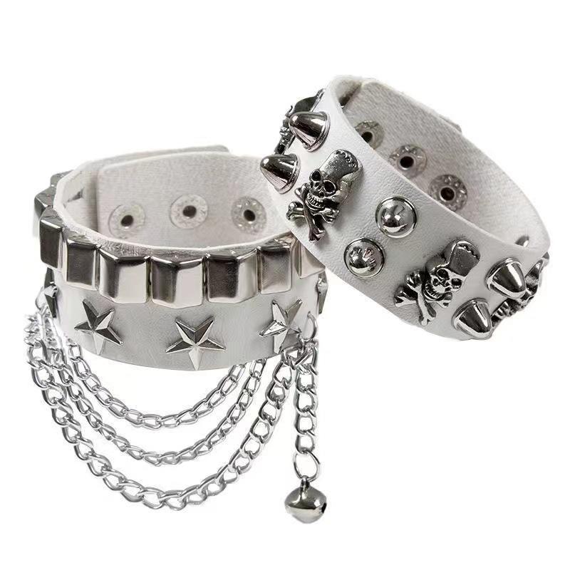 Wide PU Leather Punk Skull Bracelet 1Pcs Star Pattern Adjustable Goth Cuff Bangle for Men Women Holiday Gift