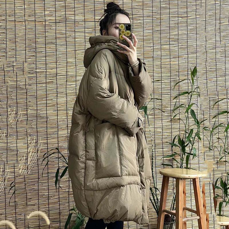 Women Down Long Jacket Hood Loose Over Size Coat Autumn Winter Warm Outwear Korean Style Big Pockets