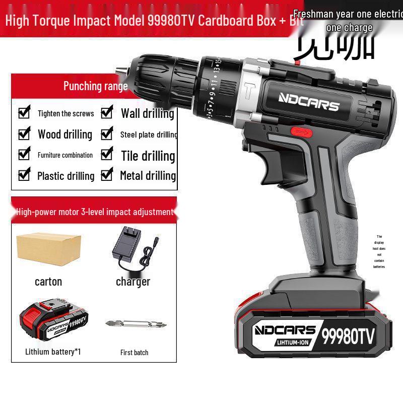 Dual Speed Industrial-Grade Cordless Impact Drill, Rechargeable Electric Screwdriver with Lithium Battery for Household and Multifunctional Use