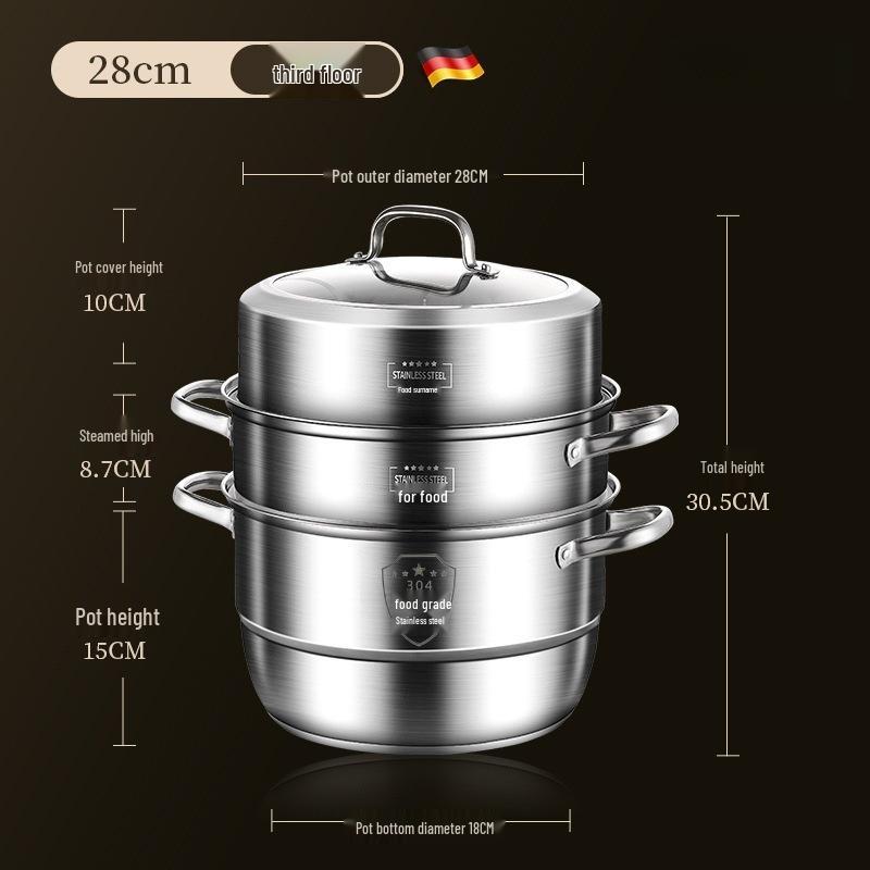 Huajida Stainless Steel Three-Layer Steamer Basket for Induction and Gas Stoves