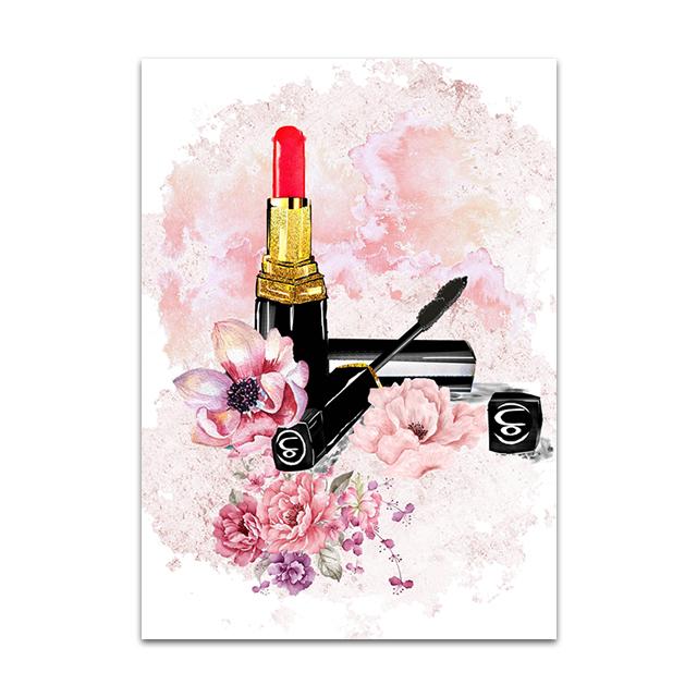 Lipstick High Heels Posters And Prints Perfume Bottle Canvas Painting Pink Flower Peony Wall Poster Beauty Room Decoration