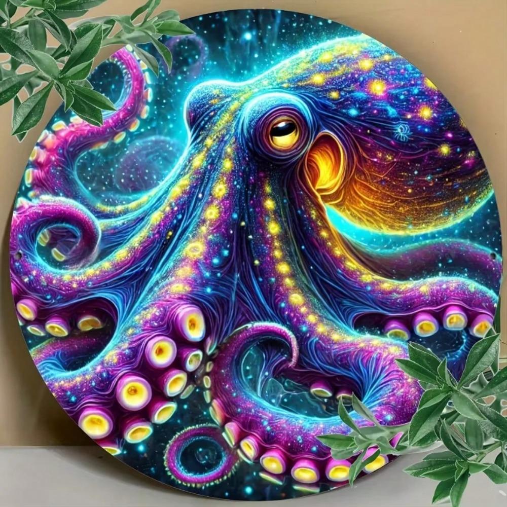 Metal Tin Sign Colorful Octopus Wall Art Durable Round Decor for Home Garden