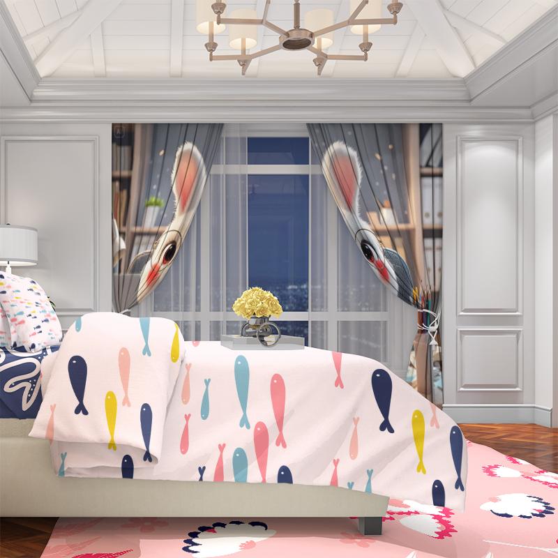 2pcs - Working Rabbit - Printed curtain, polyester semi-transparent - suitable for home decor (excluding poles)