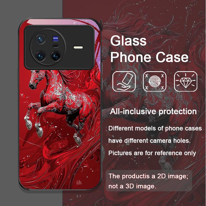 Stylish Chinese-Style Red Horse Print Tempered Glass Phone Case for OPPO Reno 13F 12 11 10 Pro Plus Find X8 X5 X3 PRO Lite Cover