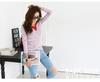 Women's Striped V-Neck Long-Sleeve T-Shirt, Plus Size, Autumn/Spring, Korean Style, Slimming & Versatile Design