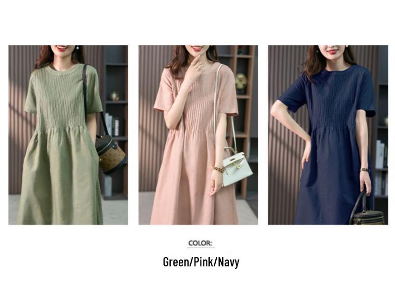 Šaty střední délky z bavlny a lnu v korejském stylu s volnými harmonikovými sklady, léto 2023 - Zeštíhlující design s krátkým rukávem pro ženy