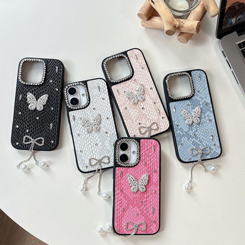 Silver Bead Butterfly Mobile Phone Case for Apple 17 Promax Rhinestone Tassel Pearl Pendant for IPhone 16 Plaid Leather