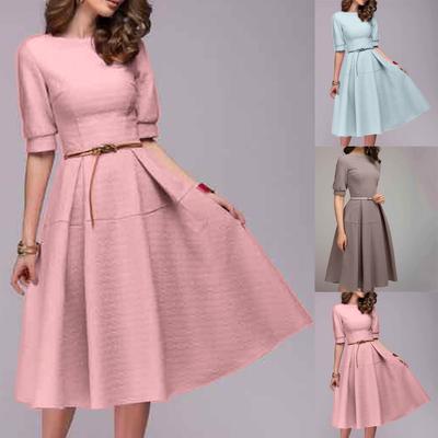 Women Ladies Half Sleeve Casual Vintage Work Office A Line Knee Length Dress
