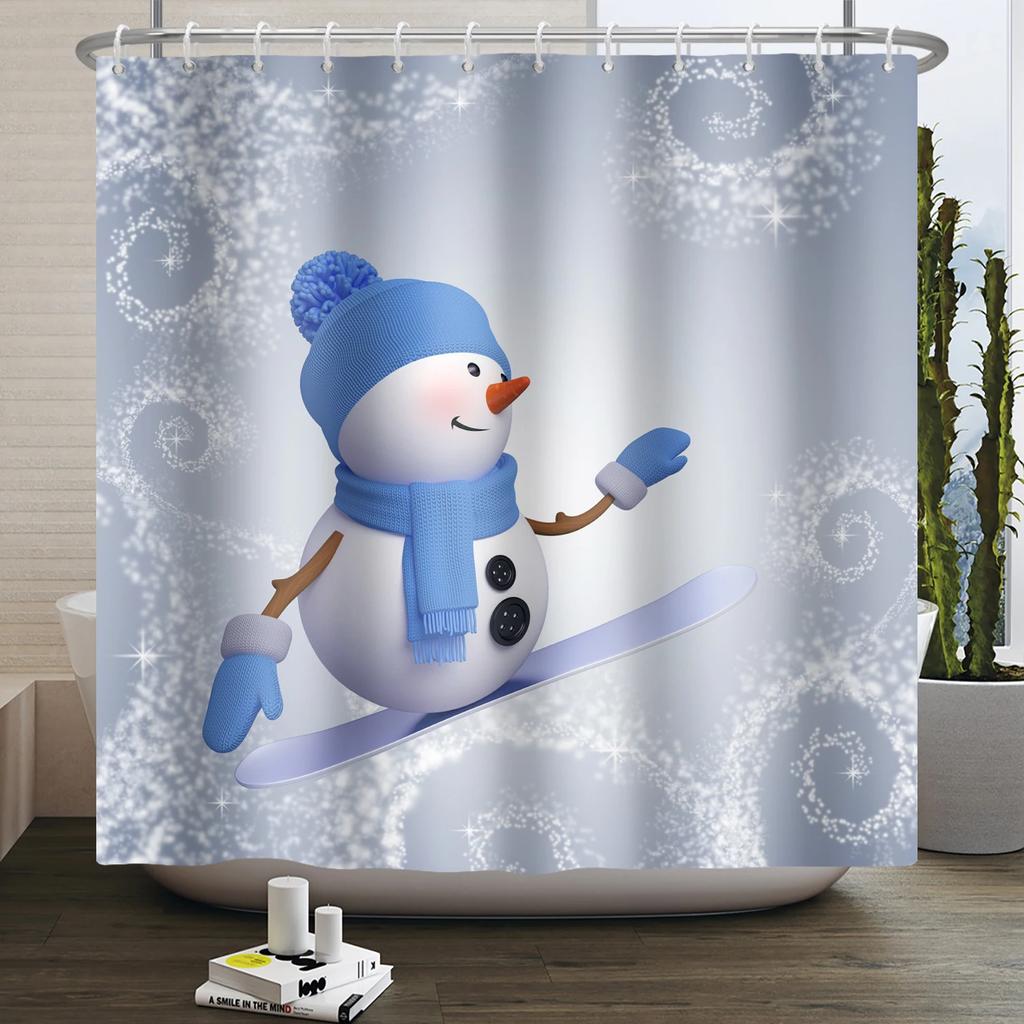 Christmas Shower Curtain Xmas Tree Winter Forest Snow Cute Snowman Bathroom Shower Curtain Waterproof Bath Curtain With Hook