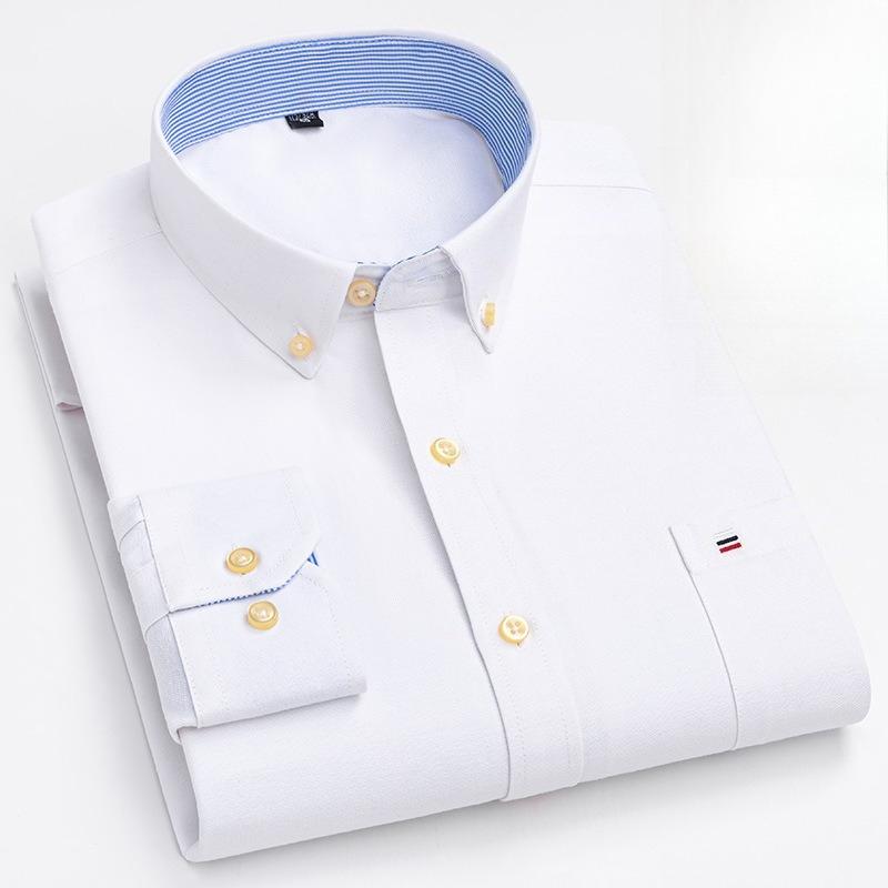 Men's Oxford Long Sleeve Square Collar Soild Plaid Striped Summer Casual Shirts Single Pocket  Shirt