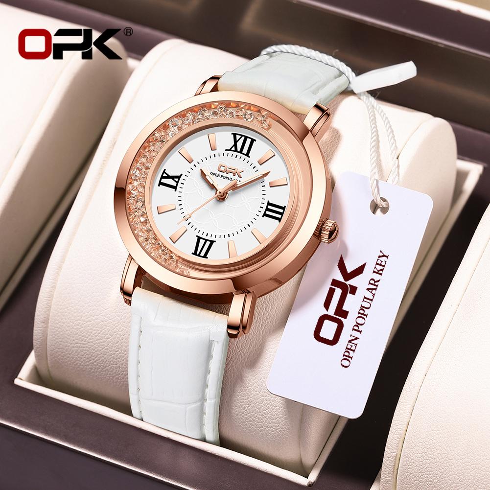 OPK 8611 Fashion Quartz Watch for Lady Diamond Bezel Leather Strap Waterproof Luminous Original Women's Dress Wristwatch