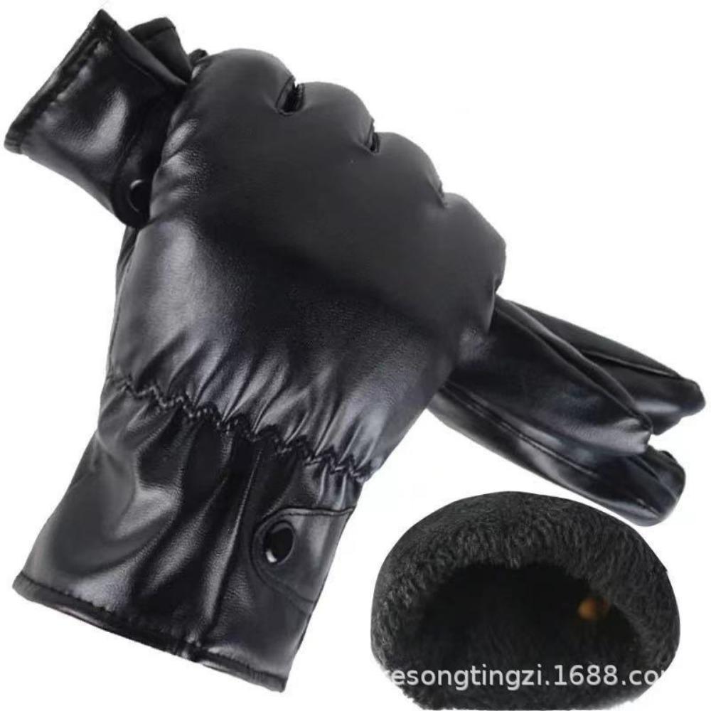 Autumn and Winter Men's Leather Gloves PU Touch Screen Waterproof, Windproof and Warm Adult Velvet Driving Full Finger Outdoor Riding