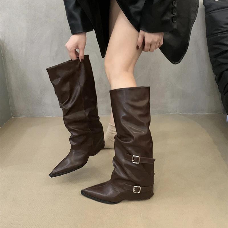 Fashion Spring and Autumn Women's Retro Style Mid-Calf Boots Fashion Belt Buckle Shoes Pointed Toe Wedges Heel Knight Long Boots Female