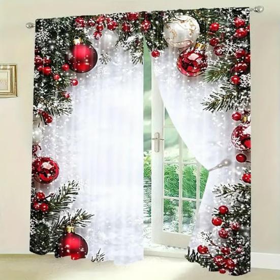 2 Panels Christmas Curtains 2D Flat Printed Balls Curtain with Snowflakes And Pine Branches Holiday Window Drapes Decoration for Living Room Decor