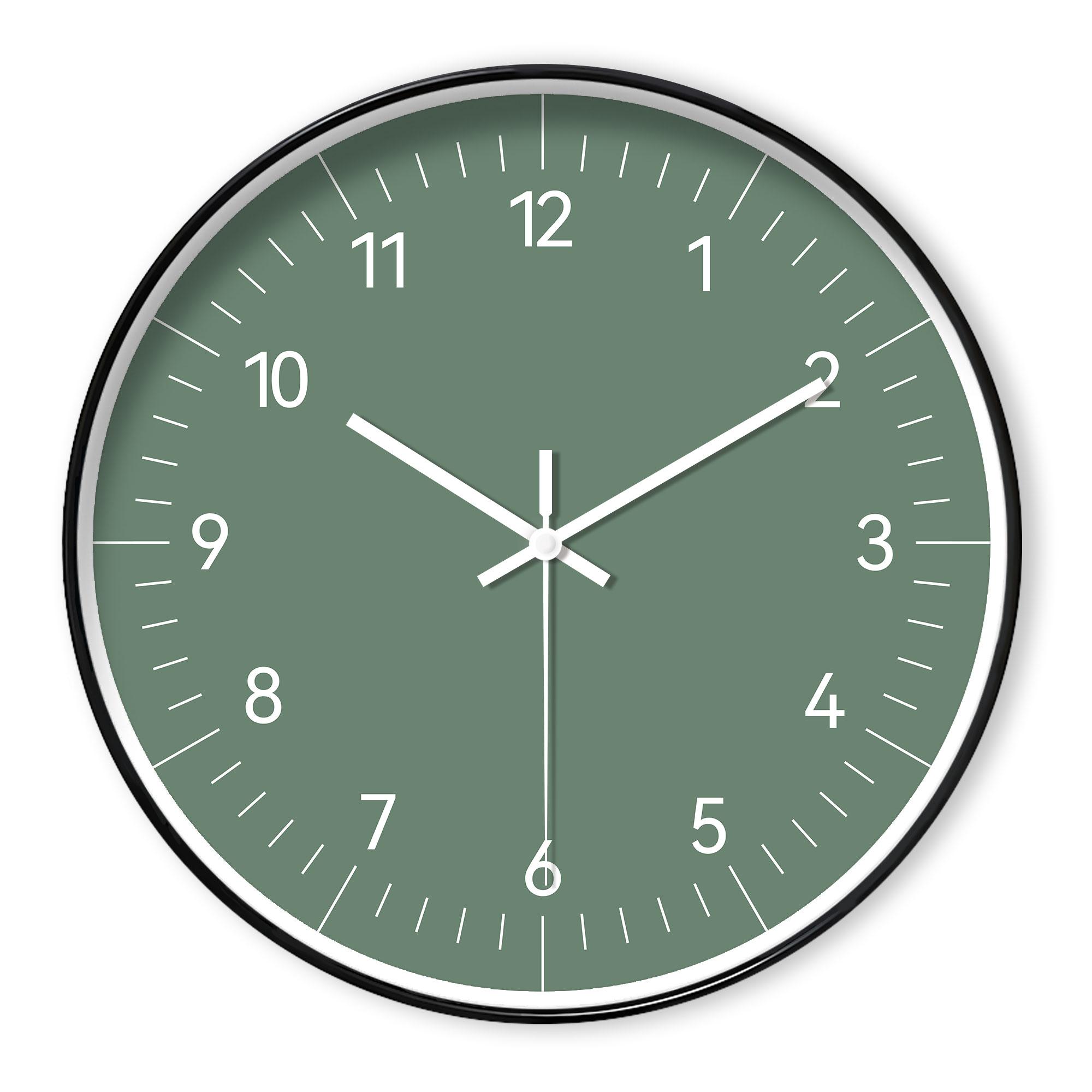 A modern minimalist green wall clock, battery operated non-ticking analog mute clock, 10-16 inch round plastic wall clock, suita 10 inch