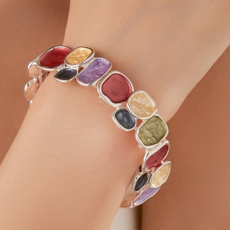 Color Painting Oil Geometric Square Alloy Bracelet, Women's Fashion High-end Elastic Rope Bracelet