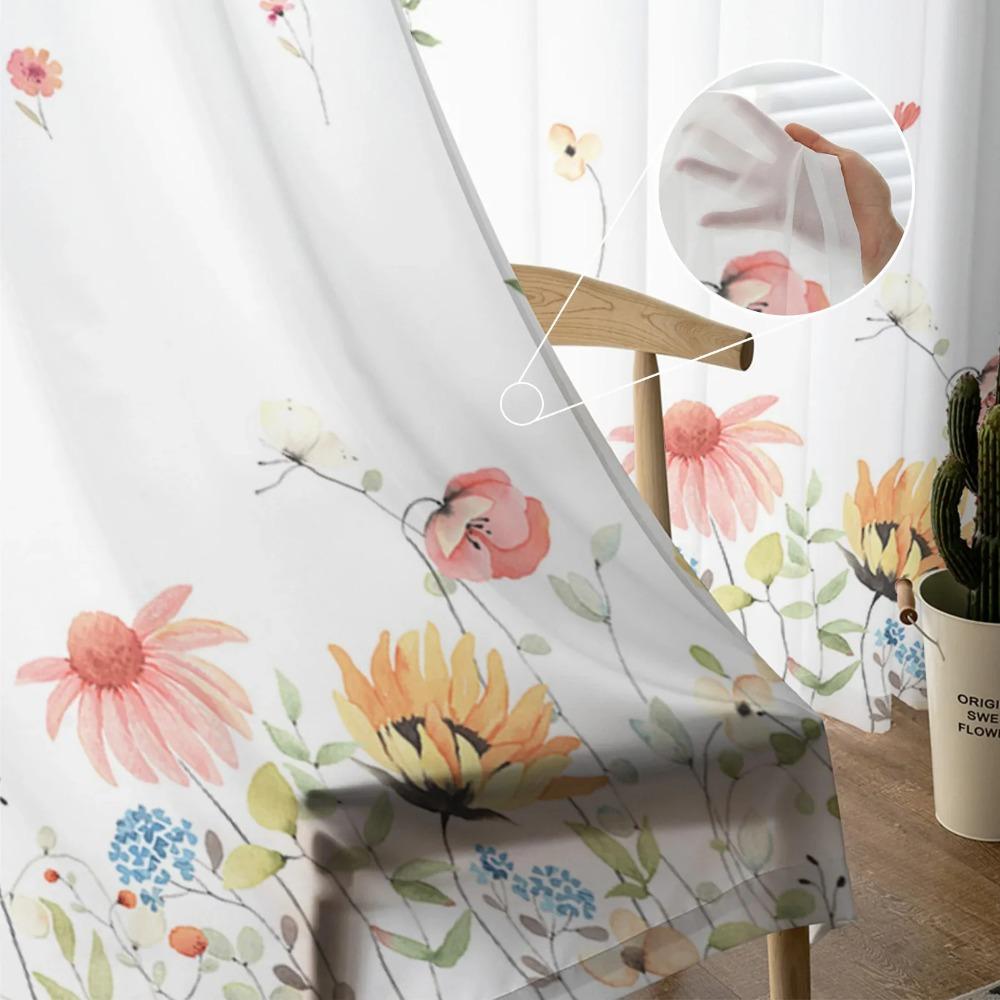 Spring Season Watercolor Flower Leaves Sheer Drapes for Living Room Decoration Window Curtain Kitchen Curtain Panels