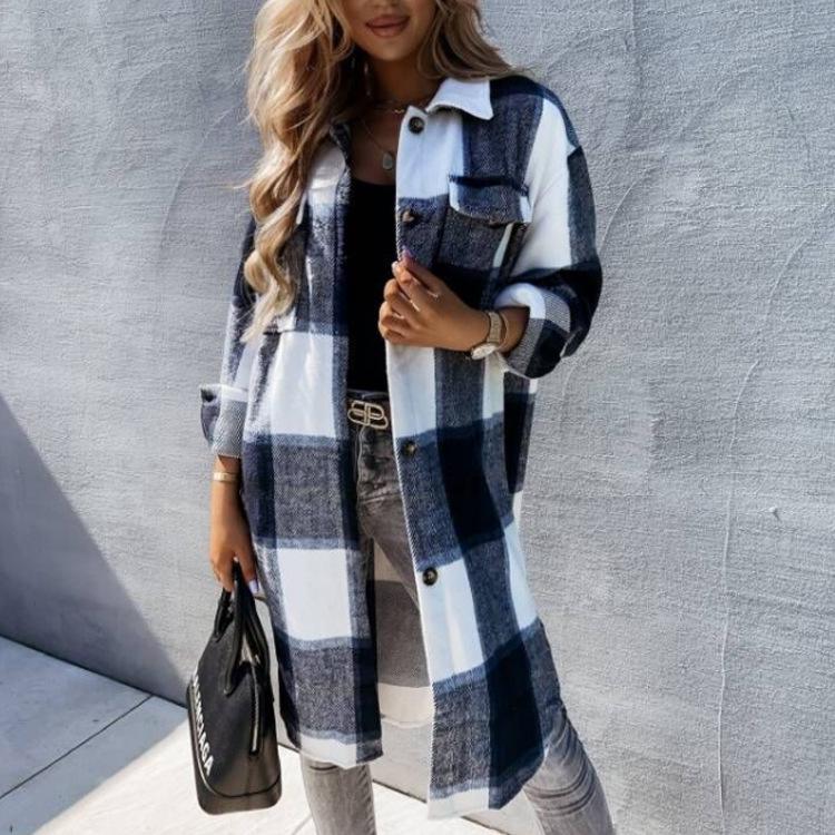 2022 Autumn/Winter Women's European & American Plaid Long-Sleeved Loose Shirt Jacket
