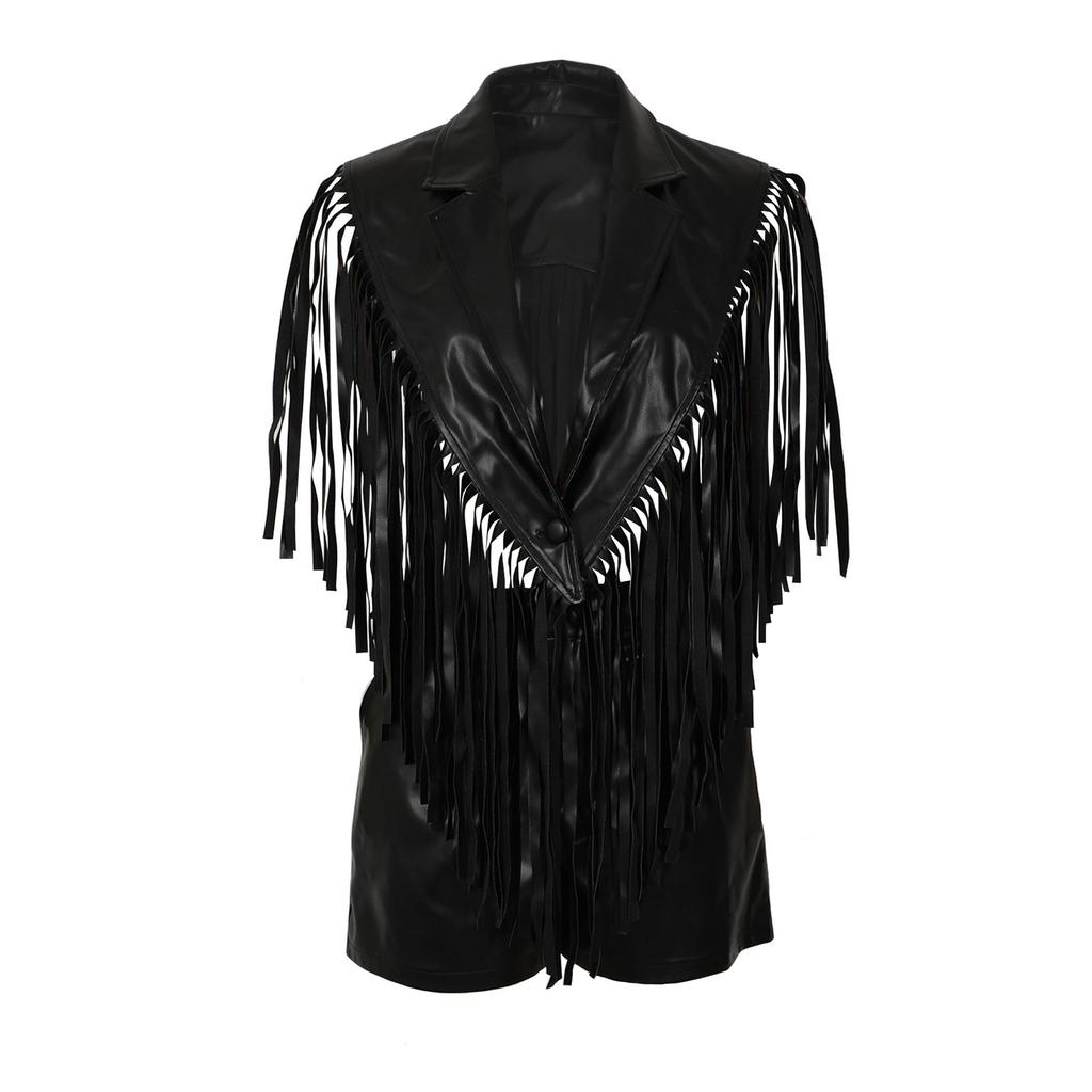 Women's Sexy PU Leather Sleeveless Tassel Top Vest and Shorts Set