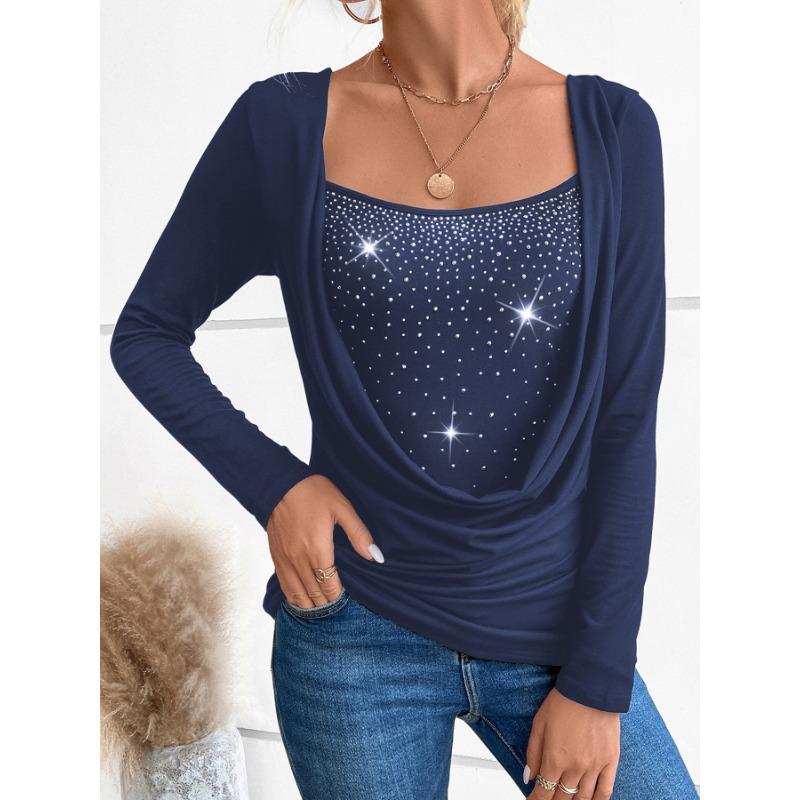 Women's 2025 New Ladies Casual Pullover Diamond Long Sleeve Fake Two-piece Top