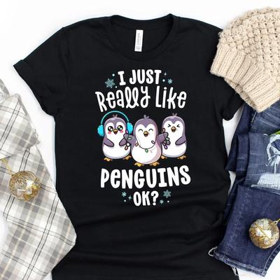 I Just Really Like Penguins Ok T Shirt Cute Christmas Festive Ladies Kids